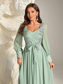 Floral Embroidery Belted Bridesmaid Dress, Long Sleeve Dress - Green - View 6