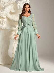 Floral Embroidery Belted Bridesmaid Dress, Long Sleeve Dress - Green - View 1