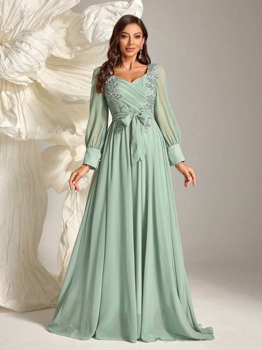 Floral Embroidery Belted Bridesmaid Dress, Long Sleeve Dress - Green - View 1