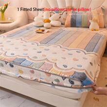 1pc Thick Soft Breathable Snow Fleece Printed Mattress Cover (Twin), Warm & Moisture-Wicking, Wrinkle-Resistant, Removable, 28cm Height, All Seasons