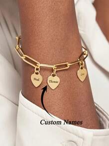 Pulseira com pingente de coração personalizado, joias de aço inoxidável, pingentes de vários nomes personalizados, pulseiras da moda, pulseira de corrente de clipe de papel dourada personalizada, presente de aniversário para sua mãe, namorada, para aniversários, para uso diário, para baile de formatura, para o dia das mães, para o dia dos namorados, para formatura, para casamentos