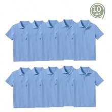 Young Boy 10-Pack School Uniform Tagless Polo Shirts - Light Blue - View 5