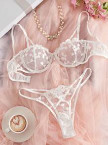 Conjunto de lencería transparente con bordado en forma de corazón, sujetador y pantie, ropa interior sexy para mujer, rave - Blanco - Ver 1