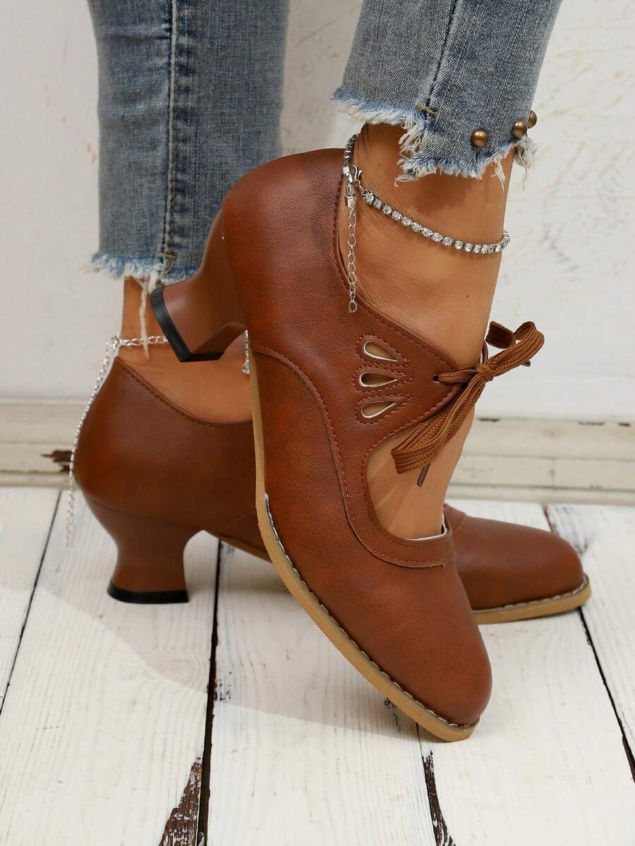 Brown All-Season Formal High Heel Shoes, Women's Leather Solid Color Hollow Decor Lace-Up Pumps - Brown - View 1