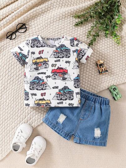 Baby Boy 2pcs Summer Cartoon Car Print Round Neck T-Shirt And Distressed Denim Shorts Set