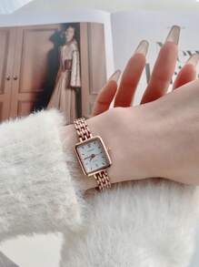 1pc Square Rose Gold Stainless Steel Quartz Watch With Bracelet, Fashion Casual Wristwatch For Daily