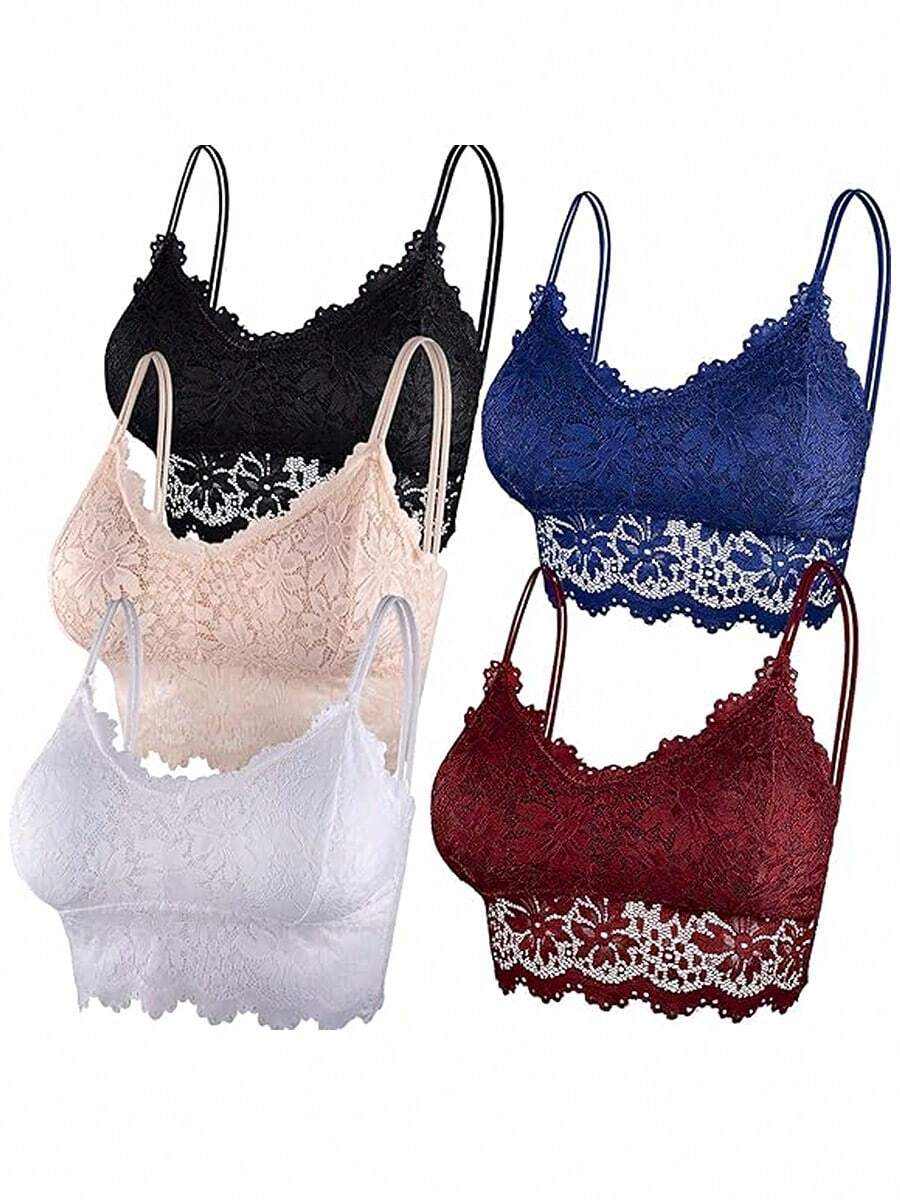 5 Pcs Women Lace Bralette Padded Lace Bandeau Bra With Spaghetti Straps Tank Top V Neck Basic Camisoles Floral Half Cami Racerback Crop Top Bras For Women Girls - 彩色 - 查看 1