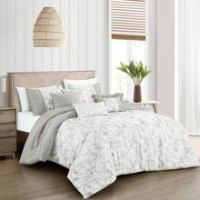 7 Pieces Bloom Flowers Printed Comforter Set With Leaf Pattern, Elegant Embroidered Floral Bed Set For Bedroom, Aesthetic Botanical Bed In A Bag With Down Alternative Filling