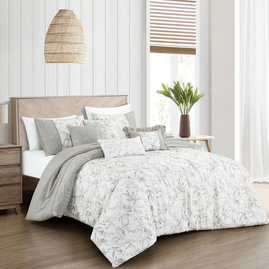 7 Pieces Bloom Flowers Printed Comforter Set With Leaf Pattern, Elegant Embroidered Floral Bed Set For Bedroom, Aesthetic Botanical Bed In A Bag With Down Alternative Filling