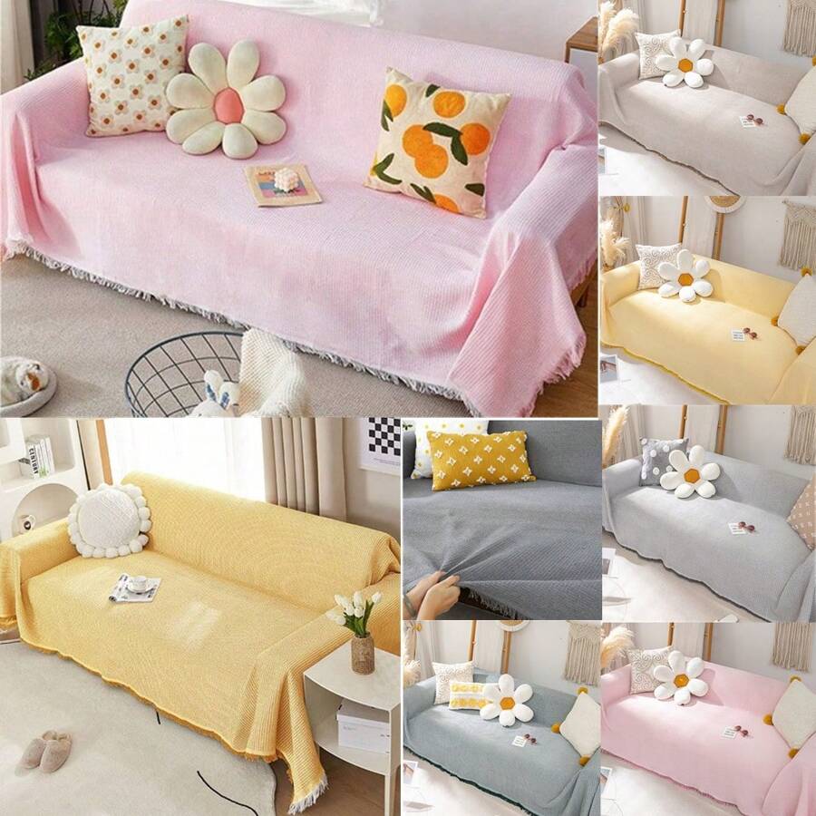 客厅沙发巾法式家居装饰纯色四季通用沙发巾沙发罩流苏边沙发垫 - 彩色 - 查看 1