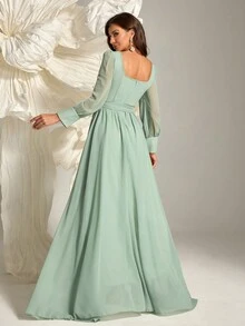 Floral Embroidery Belted Bridesmaid Dress, Long Sleeve Dress - Green - View 2