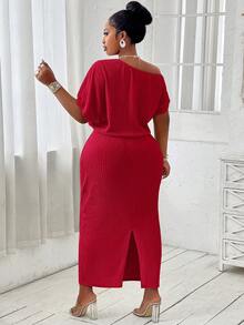 BIUBIU Plus Size Solid Color Asymmetrical Shoulder Casual Dress - Red - View 3