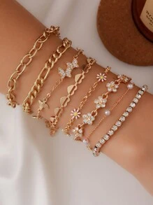 8pcs/1pc Elegant Copper Encrusted Multistone Rhinestone Flower & Butterfly Decor Bracelet Set, Suitable For Women's Daily Wear, Gift And Dating - Yellow Gold - View 2