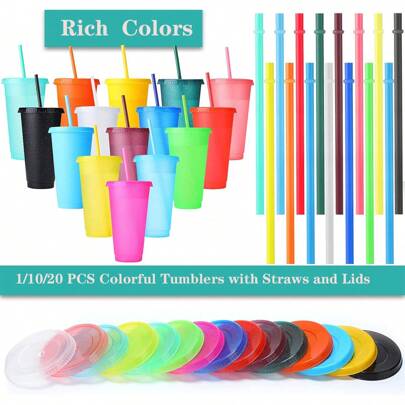 1/10/20PCS 24Oz Reusable Plastic Cups With Straws And Lids - 10 Pcs, Water Tumblers For Iced Coffee, Sippy Large Travel Mugs, Perfect For Parties, Birthdays, Christmas, Housewarming Gifts, Lightweight, Rectangle, Pvc-Free, Hand Wash Only