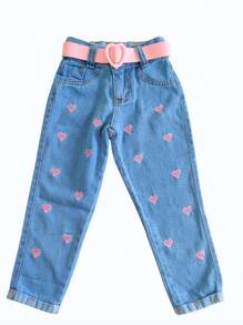 Calça Jeans Menina Bordado de Coração - Lavagem Média - Visão 3
