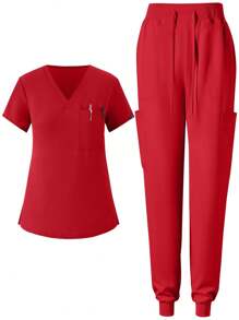 女士慢跑磨砂弹力运动护士制服洗手衣工作服口袋服透气洗手衣套装 - 紅色 - 查看 1