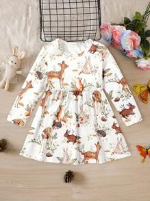 Young Girl Cute Animal Forest Deer Cute & Elastic Dress For Spring And Autumn