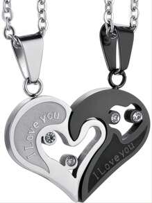 1 par de colgantes de collar de pareja de acero inoxidable, estilo llavero con forma de corazón y circonita, colgante doble de 2 en 1 para pareja, regalo de pareja - Multicolor - Ver 6
