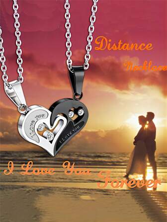 One Pair Stainless Steel Men Women Couple Necklace Pendant Heart CZ Puzzle Matching Key Style 2-In-1 Lover Couple Double Pendant Necklace Couple Gift