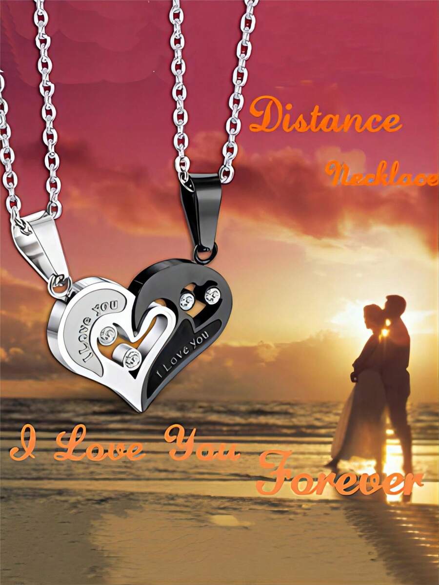 1 par de colgantes de collar de pareja de acero inoxidable, estilo llavero con forma de corazón y circonita, colgante doble de 2 en 1 para pareja, regalo de pareja