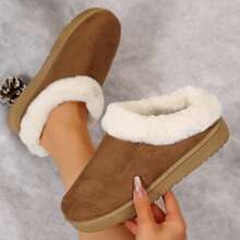 Women's Thick Flat Slippers - Thick Padded Cotton Shoes With Thick Soles Short Boots Casual,Indoor Outdoor Rubber Bottom Bootie For Winter - 卡其色 - 查看 7