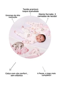 SHEIN Momscare Complete Maternity Outfit Set 06 Pieces In Sublimated Velvety Plush High Quality Print Boy Girl Soft Anti-Allergenic - 藕粉色 - 查看 2