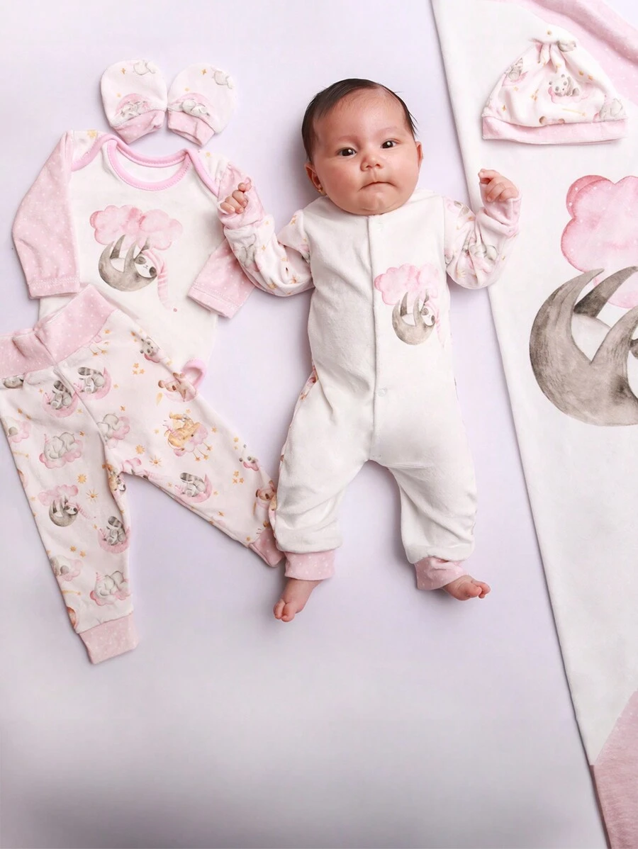 SHEIN Momscare Complete Maternity Outfit Set 06 Pieces In Sublimated Velvety Plush High Quality Print Boy Girl Soft Anti-Allergenic - 藕粉色 - 查看 1