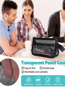 SCIONE Mesh Zipper Pouch Bags, Grid Pencil Case, Large Capacity Black Pencil Bag With Handle, 2-Layer Pen Case Stationary Organizer Bag For Toy, Game, Travel, School & Office Supplies Storage - màu đen - Xem 2