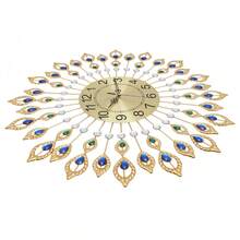 ZhdnBhnos LINSIE 26.4-Inches Wall Clock Gold Blue Peacock Feather Modern Metal Silent Clock Large Wall Decoration Clock For Office Hotel Bar Living Room Bedroom Home Decor 26.4'' Modern 3D Large Wall Clock Metal Watch Art Design Home Living Room Decor The Best Gift/Present For Family&Friends Happy
