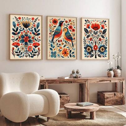3pcs Retro Scandinavian Art Floral Bird Canvas Wall Arts Print, Vintage Flower Canvas Posters, Botanical Print Poster, Aesthetics Art Room Decor, Ideal Gifts For Bedroom, Living Room, Corride, Home Cafe Decor, Wall Art, Wall Decor, Home Decor, No Frame
