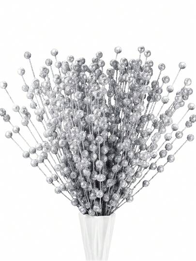 MEHELANY 100/50/10Pcs Berry Artificial Branches Siliver Artificial Plant Faux Berry Plant Xmas Artificial Glitter Berries Stems For Home Wedding Garden Fireplace Holiday Christmas Decorationsm, Party Dining Table Center Floral Arrangement DIY Garland Wreath Craft Accessories, For Wommen Girls Gift