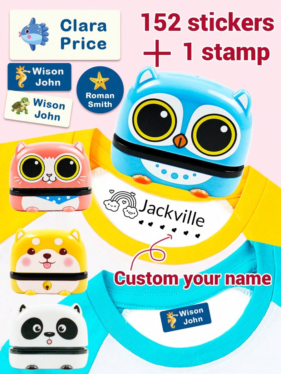 152Pcs No Iron Name Stickers For Clothes, 1pc Custom Name Cartoon Signature Stamp For Kids, Cartoon Pattern Name Stamps Personalized, DIY Customized Cartoon Self Inking Name Stamp, Stamps For Signing Name, Name Stamp For Clothing Kids Waterproof