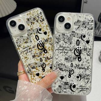 Cute Cartoon Music Note Shimmery Glitter Liquid Soft IPhone 11/12/13/14/15/15 Pro Max/14 Pro Max/13 Pro Max/12 Pro Max/11 Pro Max Phone Case, Anti-Drop Phone Cover, Gold