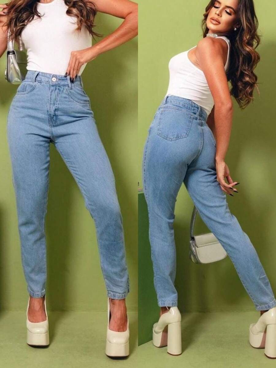 Women's High Waist Jeans - 淺色水洗藍 - 查看 1