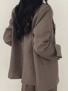 Traje de mujer traje pantalones a medida con bolsillo oblicuo con blazer corto con botón unicolor - Camel - Ver 2