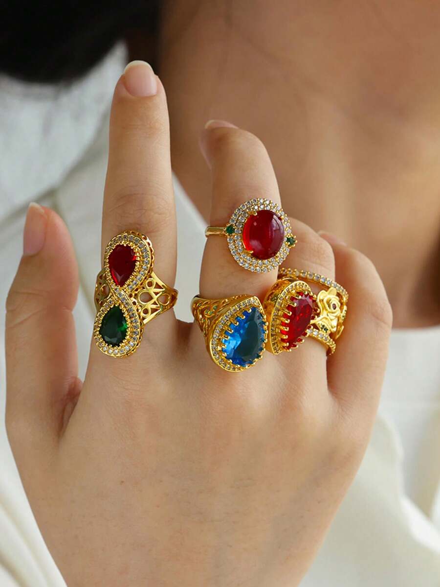 1 件复古大号椭圆形彩色宝石戒指女士奢华红绿宝石指环宴会派对珠宝时尚配饰女士 - 彩色 - 查看 1