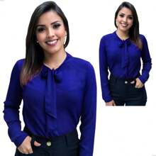 Women's Long Sleeve Social Crepe Blouse With Bow - Xanh đậm - Xem 3