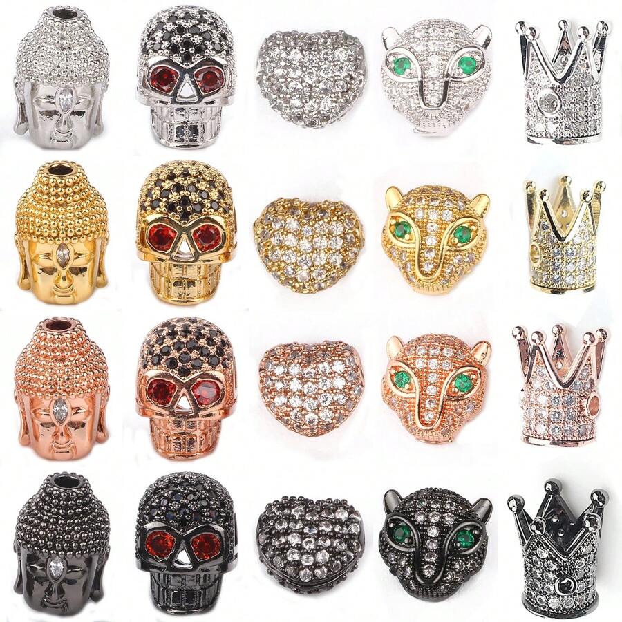 3 pezzi di perline in metallo a forma di cuore e teschio con zirconi micro pavé per la realizzazione fai da te di braccialetti, collane e accessori gioielleria