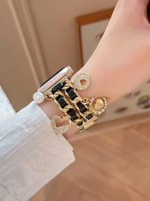 1pc Metal Links & Leather Flower & Butterfly Rhinestone Crystal Decor Watch Band,Suitable For Ultra 2 1 SE S9/8/7/6/5/4/3/2/1 Series,Gift For Women,38/40/41mm 42/44/45/49mm Smart Watch Strap,Worldwide Best-Selling New Item