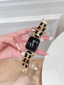 1pc Metal Links & Leather Flower & Butterfly Rhinestone Crystal Decor Watch Band,Suitable For Ultra 2 1 SE S9/8/7/6/5/4/3/2/1 Series,Gift For Women,38/40/41mm 42/44/45/49mm Smart Watch Strap,Worldwide Best-Selling New Item