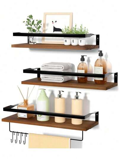 Estante flotante de tres capas con ganchos para colgar toallas, estante sencillo de madera para decoración del hogar, adecuado para oficinas, dormitorios y baños