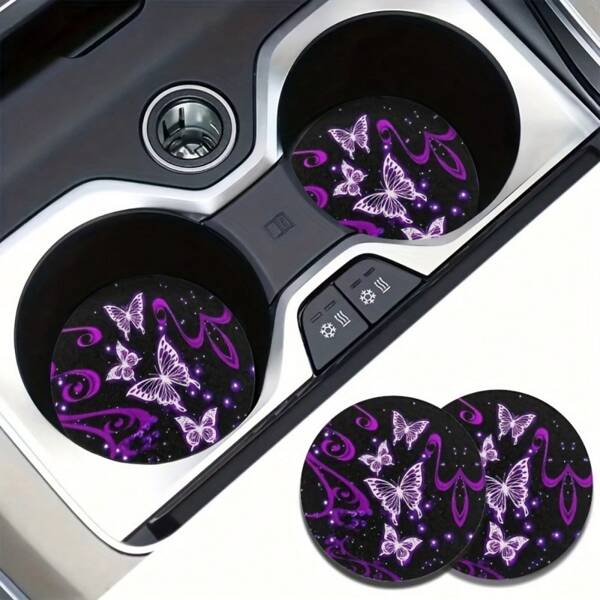 1/4 piezas Posavasos absorbentes para portavasos de carro con diseño de mariposa morada - Accesorios de interior de automóvil elegantes para mujeres, perfectos para vehículos y escritorio en el hogar - Accesorios de carro para mujeres con diseño de mariposa