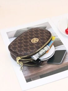 Fashionable Letter Print Dual Zipper Keychain Coin Purse Wallet Small - Brown - View 7