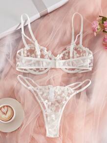 Conjunto de lencería transparente con bordado en forma de corazón, sujetador y pantie, ropa interior sexy para mujer, rave - Blanco - Ver 2