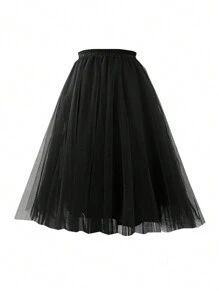1pc Women Solid Color Long Midi-Length 65cm Knee-Length A-Line Layered Tulle Skirt, Versatile For Party, Dance, Everyday Fall Clothes For Women