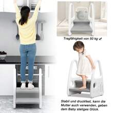 VA-Cerulean Step Stool For Toddlers Step Stool With 2 Steps Plastic Standing Children's Stool Step Ladder For Bathroom Children's Room Kitchen Bedroom, Grey / Pink / Green - 灰色 - 查看 5
