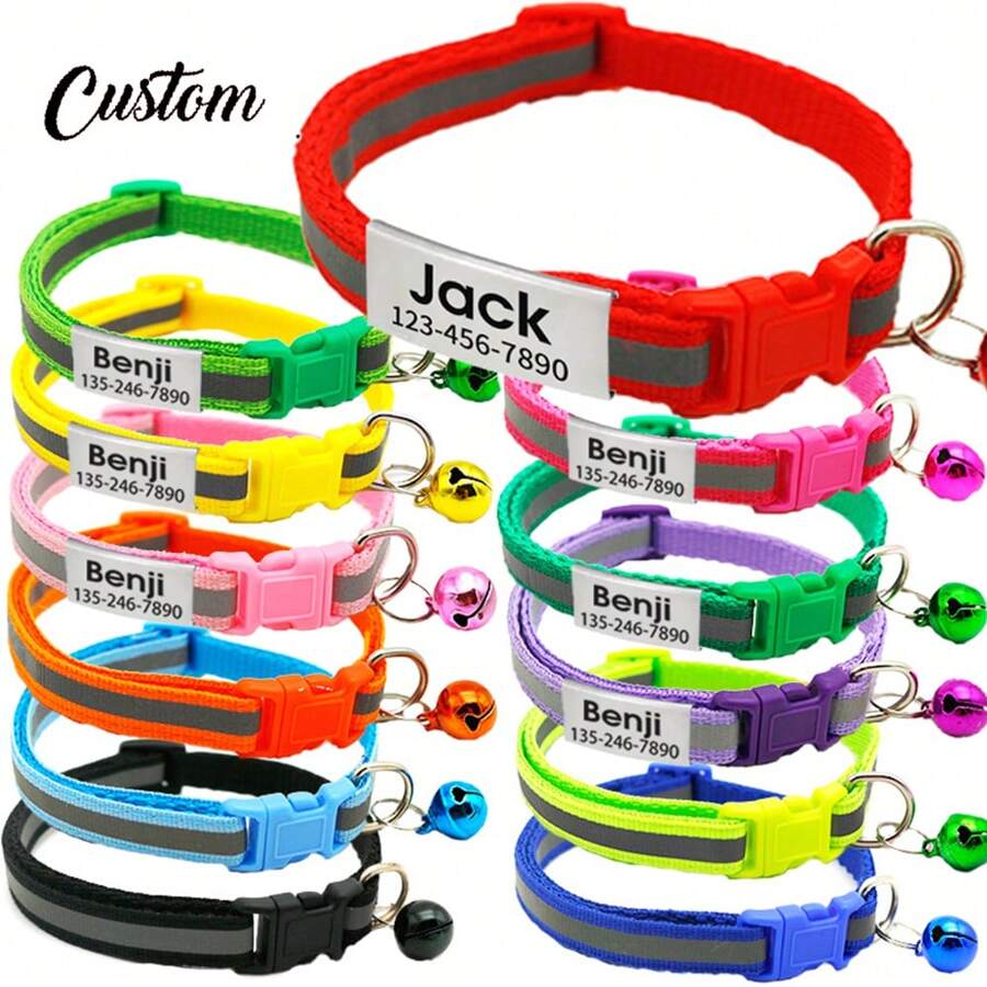 个性化反光猫项圈,带铃铛,宠物小猫项圈,带猫爪印和宠物吊坠,可定制刻字宠物名字猫咪身份牌吊坠 - 送给您爱宠的完美礼物!装饰性强,可刻字,不锈钢材质,时尚简约,可爱俏皮,色彩缤纷,独一无二,可定制圣诞装饰,珍藏品,个性化小号猫牌,个性化猫项圈,适合圣诞节、乔迁之喜、秋冬季节,装饰性强,可刻字,时尚俏皮,可定制,独一无二,可定制,个性化宠物,定制宠物项圈、牵引绳和胸背带,本地潮流,宠物用品,2025万圣节配饰,个性化猫狗幼犬宠物身份牌吊坠 - 彩色 - 查看 1