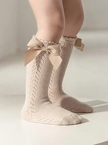 1pair Girls Bowknot Knitted Frilly Knee-High Socks, Breathable & Insect-Repellent - Light Grey - View 3