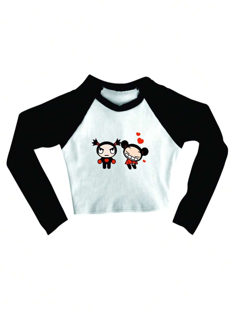 Cropped Raglan Winter Women's Tumblr Blogger Pucca And Garu Women's Long Sleeve - Black and White - View 1