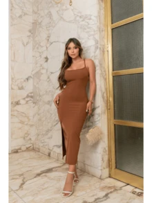 Ribbed Midi Dress With Side Slit - Màu nâu  Mocha - Xem 2